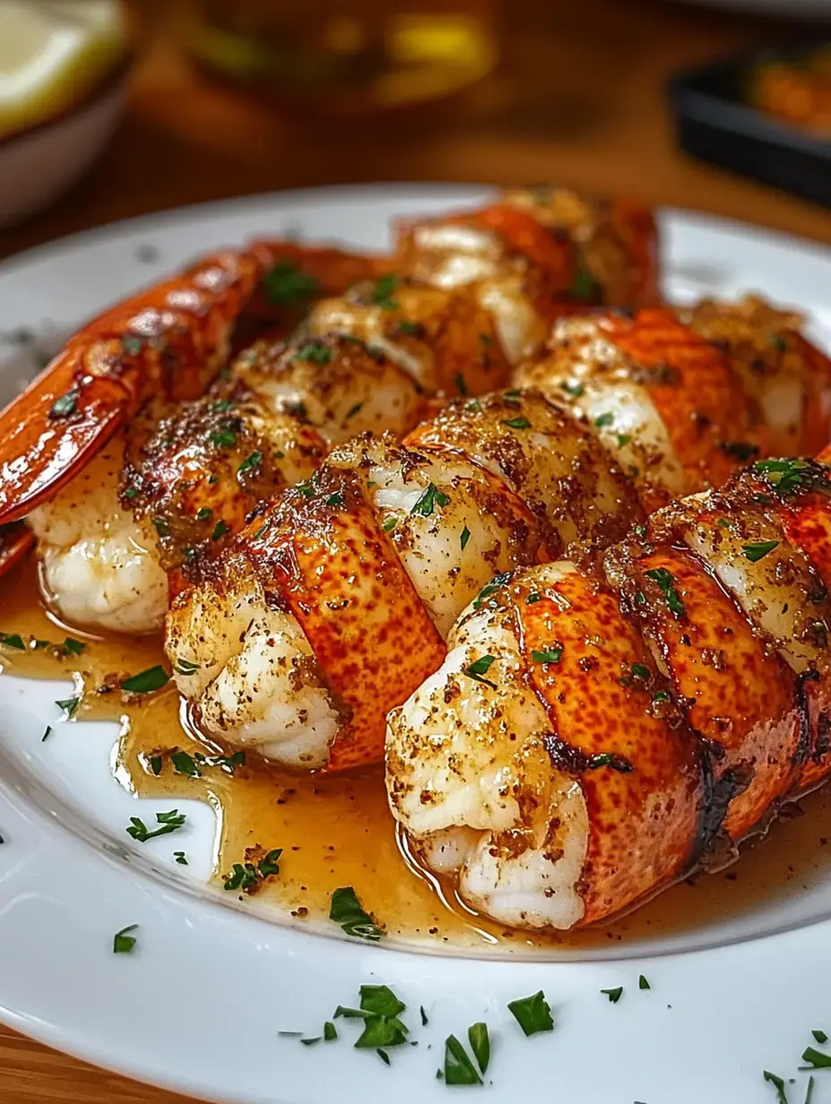 A dish of cooked lobster tails covered with buttery garlic sauce and topped with fresh herbs.