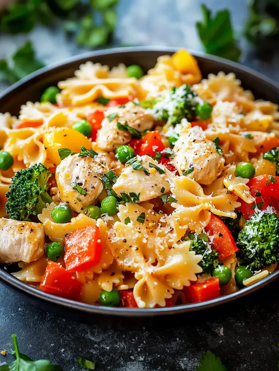 A bowl of colorful pasta salad with bowtie pasta, diced chicken, broccoli, yellow bell peppers, red bell peppers, and green peas, garnished with parsley and grated cheese.