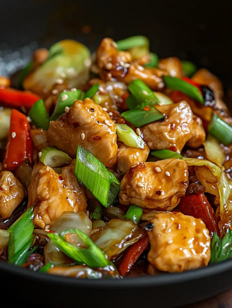 A close-up of a stir-fried dish featuring tender chicken pieces, colorful bell peppers, and chopped green onions in a savory sauce.