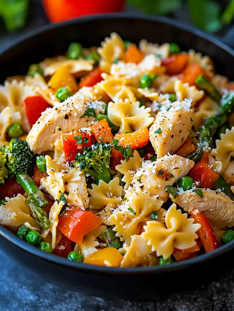 A close-up view of a pasta dish featuring bowtie pasta, chicken pieces, and mixed vegetables, garnished with herbs and cheese in a black bowl.