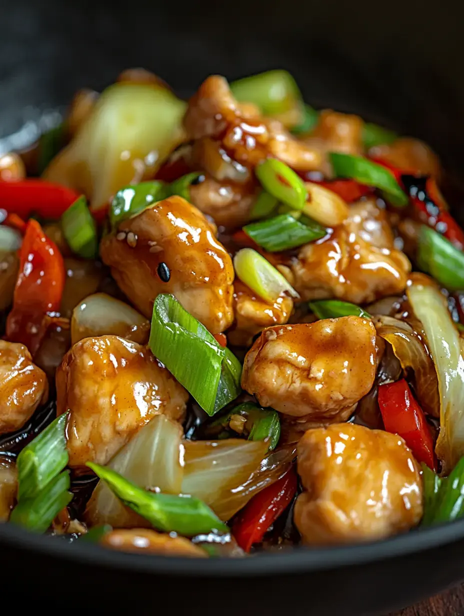 A close-up of sautéed chicken pieces with green onions, red bell peppers, and bok choy in a glossy sauce.
