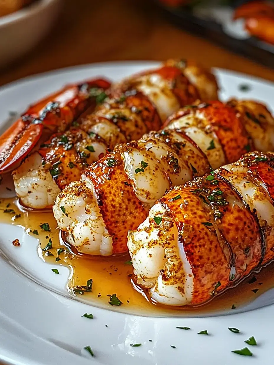 A serving of grilled lobster pieces topped with green herbs and covered in a flavorful liquid.