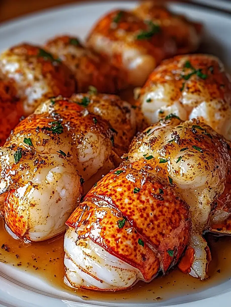 A detailed view of juicy, cooked lobster pieces with green garnish served on a white dish.