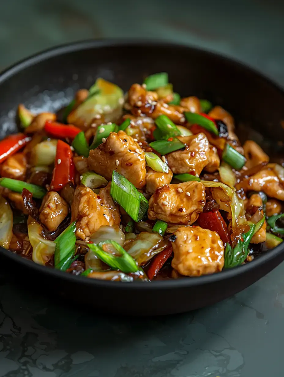 A close-up of a bowl filled with chicken stir-fry featuring colorful bell peppers, cabbage, and green onions in a glossy sauce.