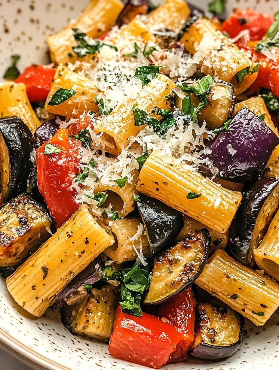 A close-up of a bowl of rigatoni pasta mixed with roasted vegetables, topped with grated cheese and fresh herbs.