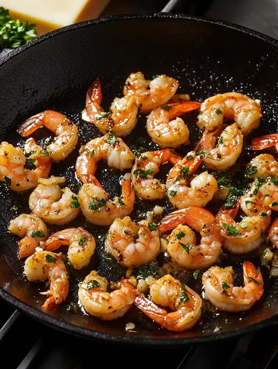 A frying pan contains sautéed shrimp garnished with herbs and spices, surrounded by a small amount of oil and garlic.