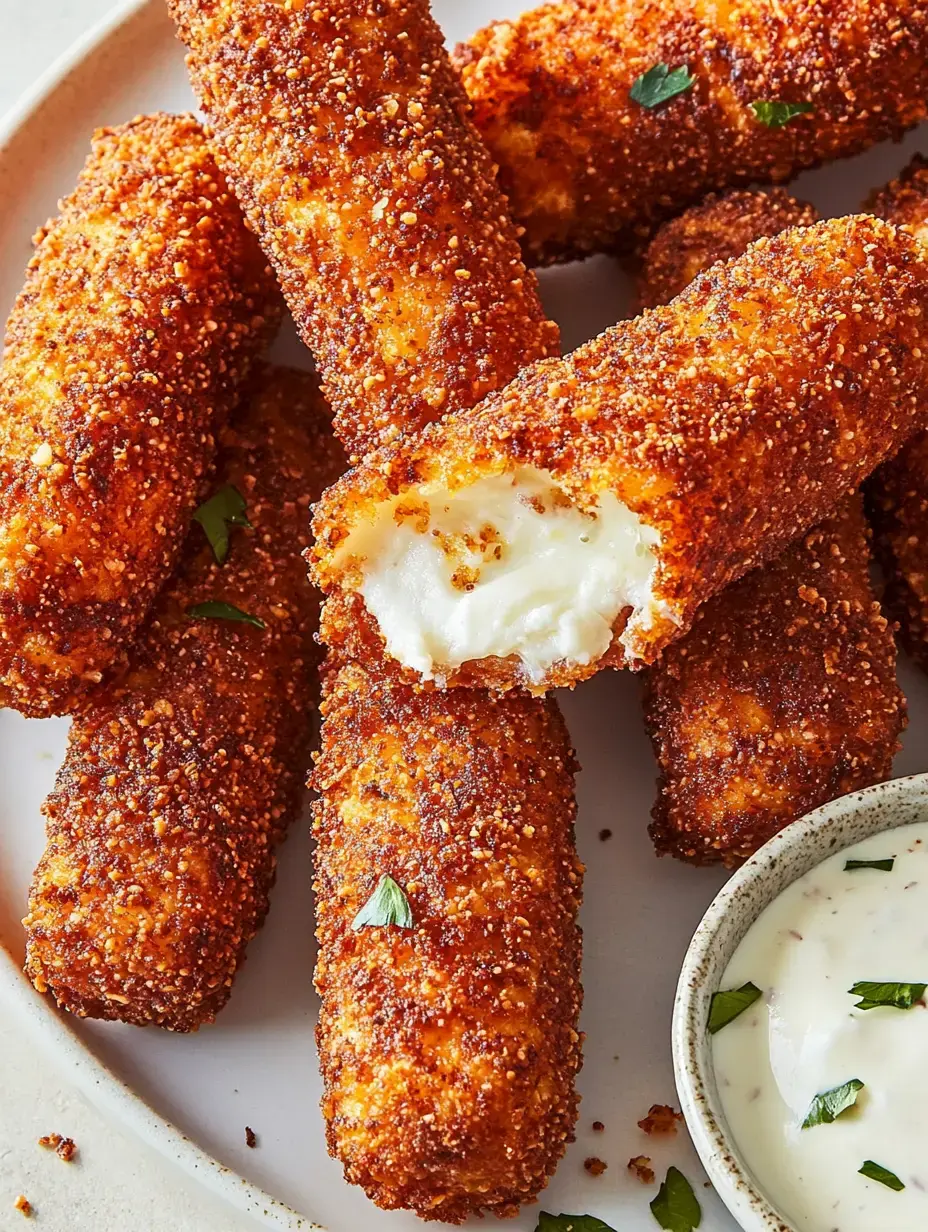A plate of crispy, golden-brown cheese sticks with one partially bitten, revealing creamy cheese inside, accompanied by a small bowl of dipping sauce.