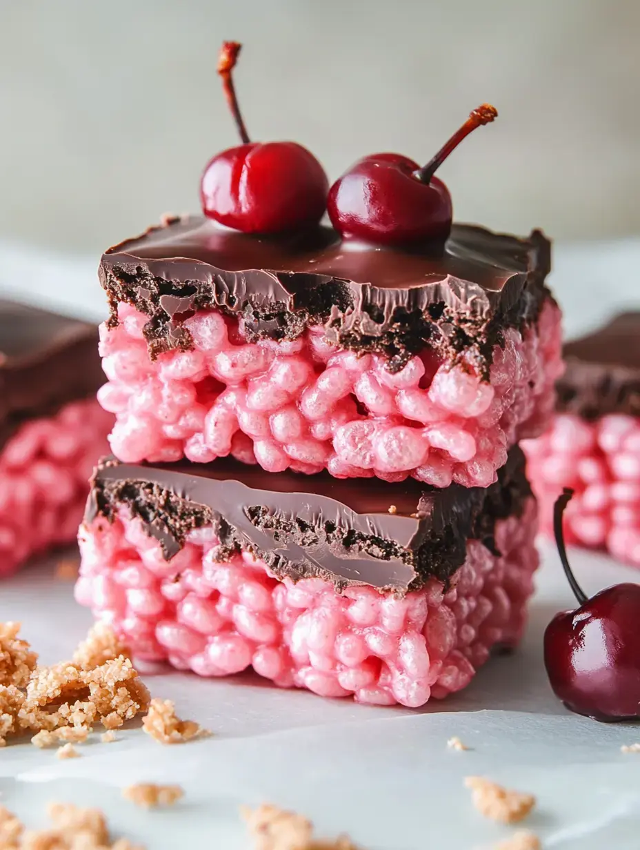 A stack of pink rice crispy treats layered with chocolate and topped with two cherries.