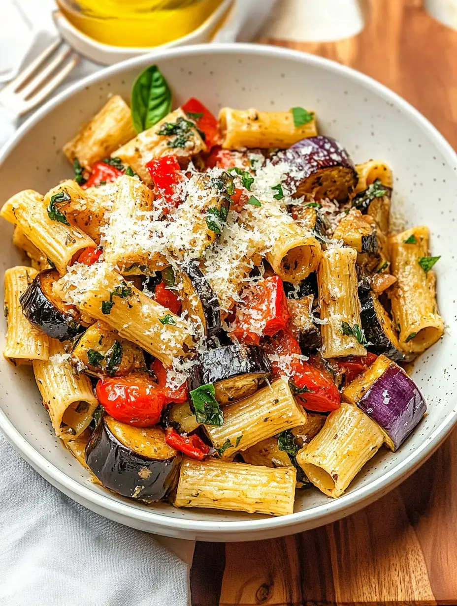 A bowl of rigatoni pasta with roasted eggplant, cherry tomatoes, and fresh basil, topped with grated cheese.