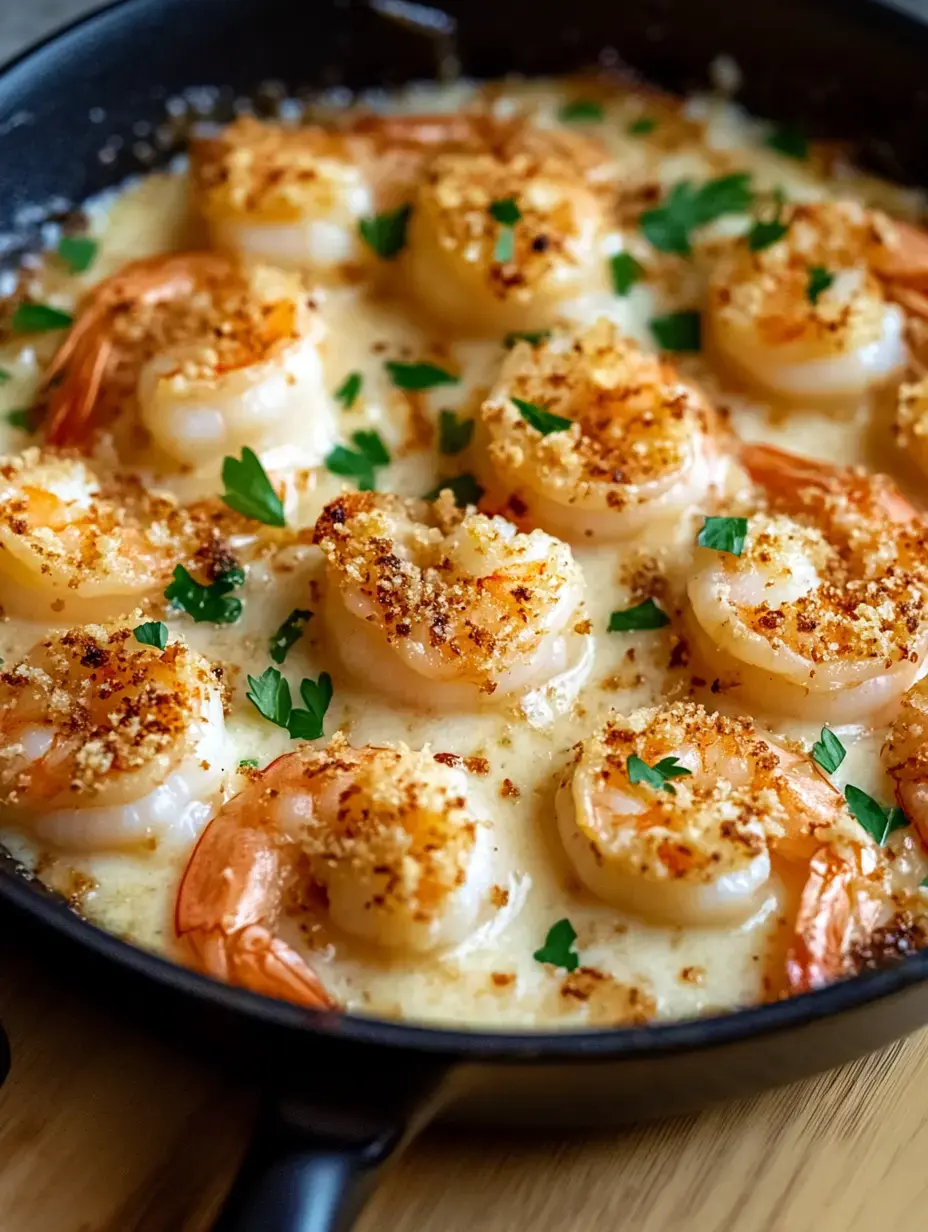 A skillet filled with baked shrimp topped with breadcrumbs and garnished with parsley in a creamy sauce.