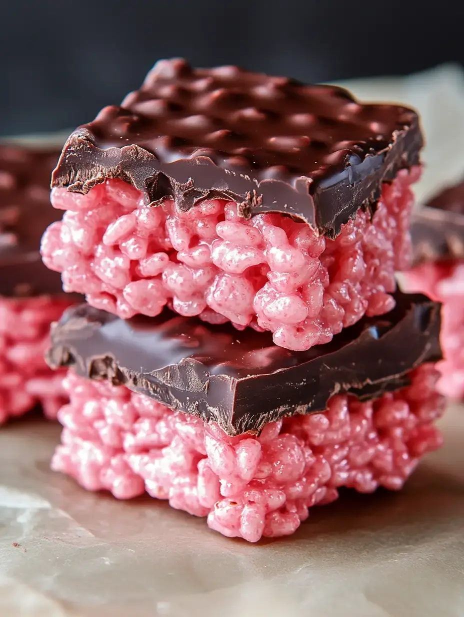 A stack of pink rice crispy treats topped with a layer of dark chocolate.
