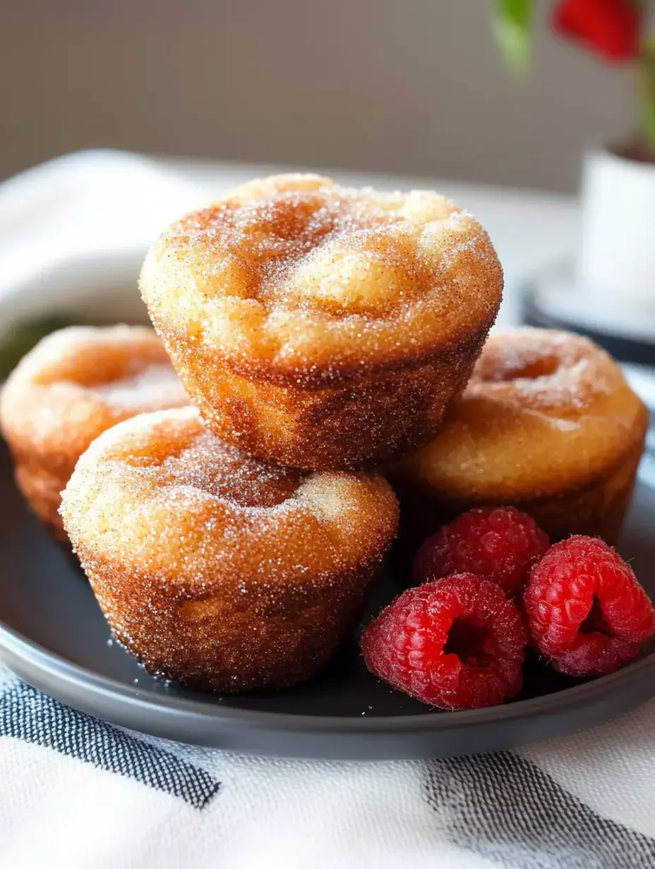 Freshly baked sugar-dusted muffins piled on a plate with several bright red raspberries alongside them.