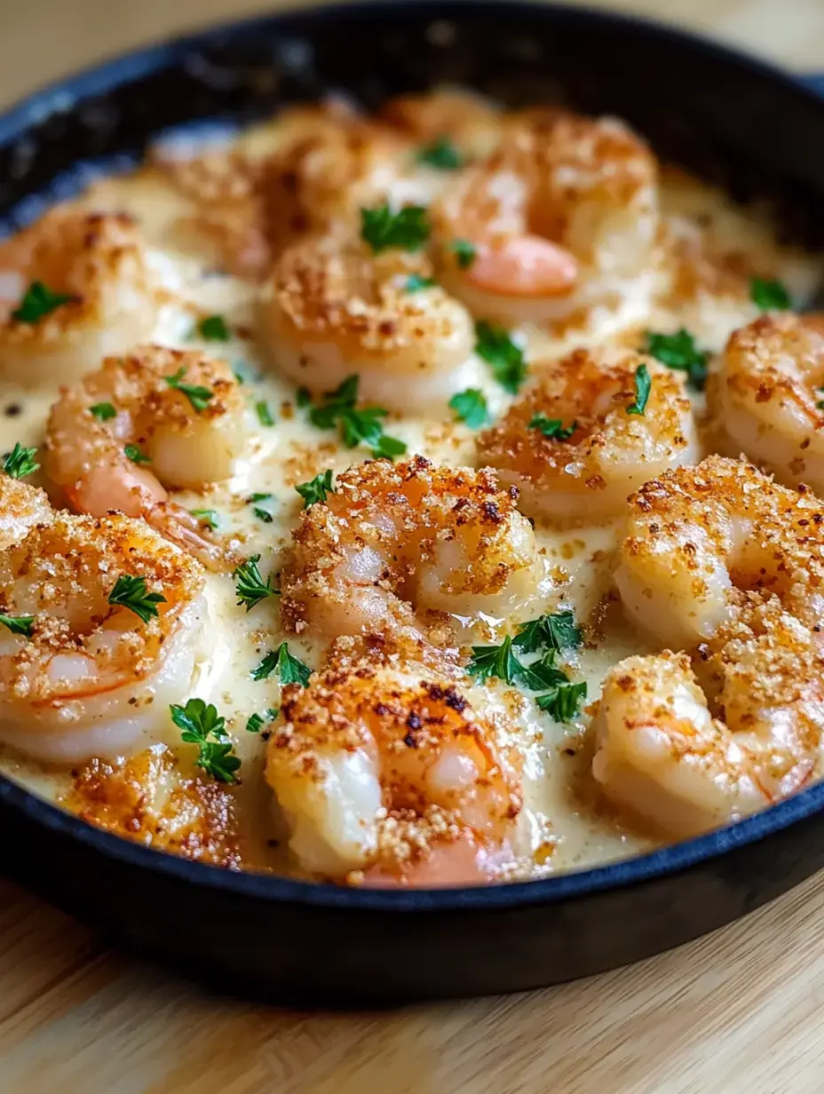 A cast iron skillet filled with golden-brown, breaded shrimp topped with chopped parsley in a creamy sauce.