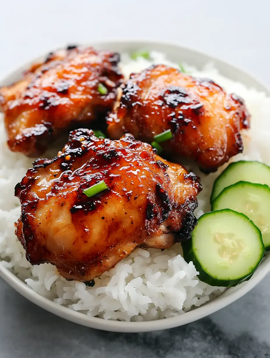 A plate of three glazed chicken thighs served over a bed of white rice, garnished with green onions and sliced cucumbers.