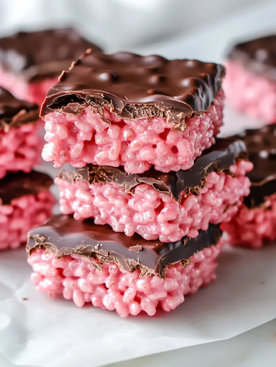 A stack of pink rice crispy treats topped with chocolate, with one treat showing a bite taken out of it.