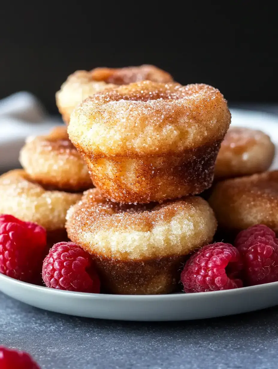 Small cinnamon-coated muffins arranged on a plate next to bright fresh raspberries.
