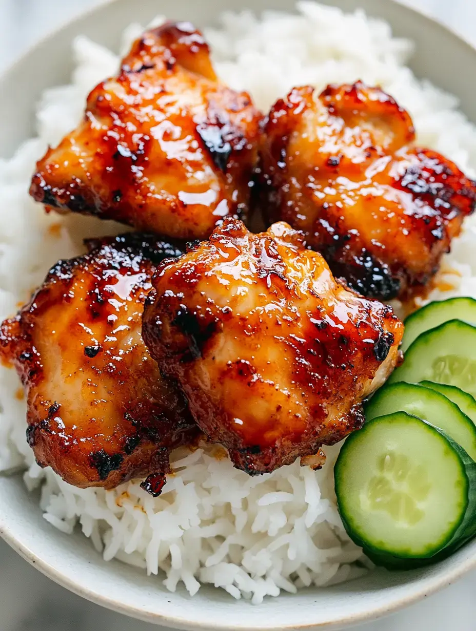 A bowl of white rice topped with glazed chicken thighs and garnished with cucumber slices.