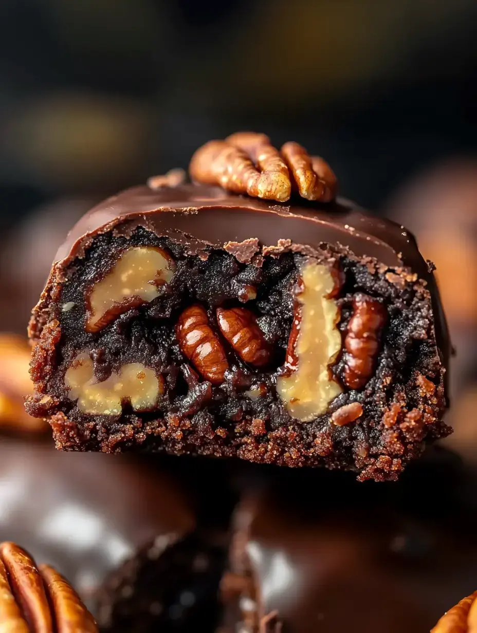 A tempting shot of a chocolate treat showing a dark, rich center studded with nuts and topped with a glistening pecan.