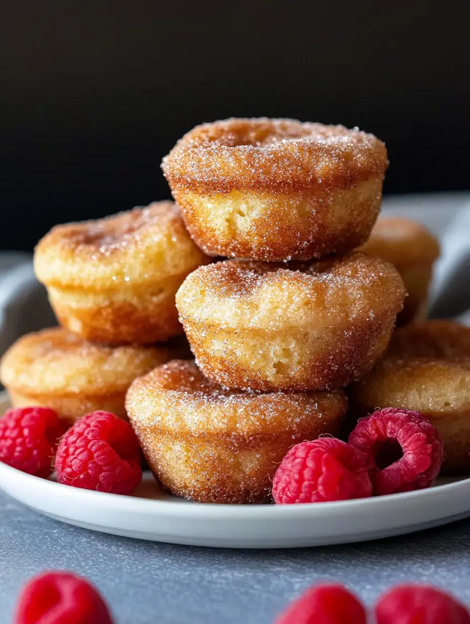 Golden brown muffins with sparkly sugar coating stacked on a plate with bright red raspberries for garnish.