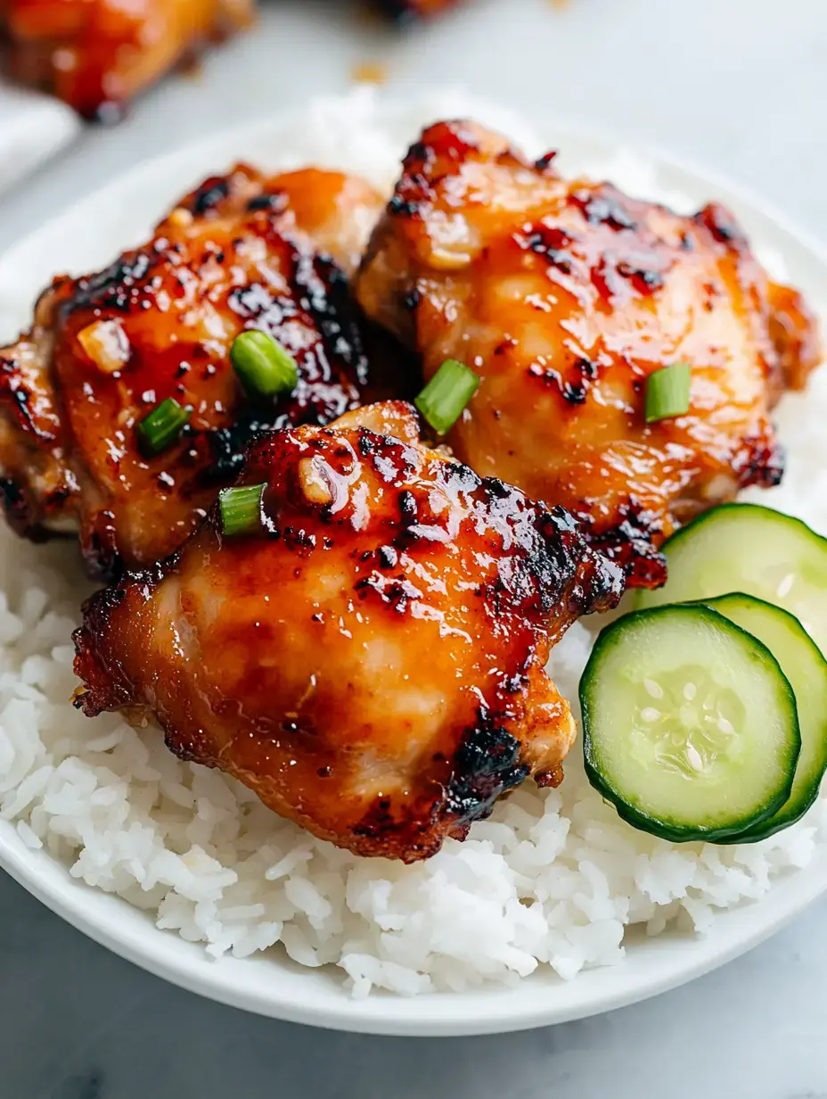 A plate of glazed grilled chicken thighs served on a bed of white rice, garnished with green onions and sliced cucumber.