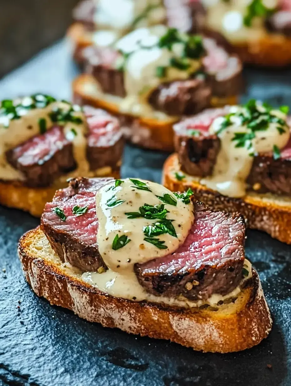 A detailed view of golden bread rounds topped with tender pink steak, rich white sauce, and bright green herb garnish.