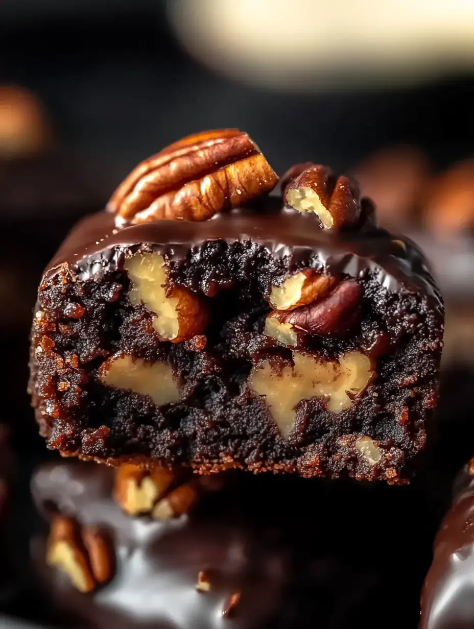 A detailed view of a rich chocolate brownie with visible walnut chunks and pecan topping.