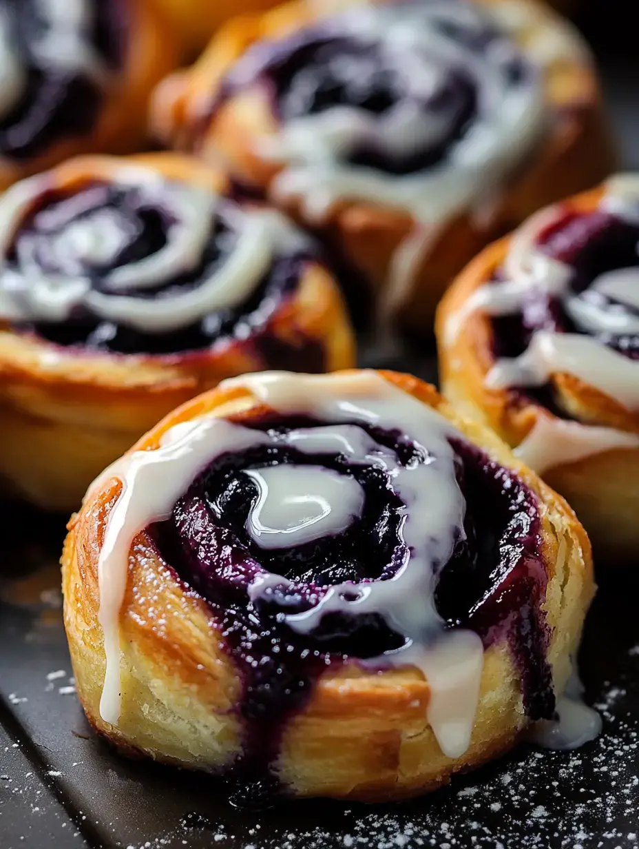 A zoomed-in shot of hot-from-the-oven cinnamon swirls featuring dark berry filling and melty cream cheese topping.
