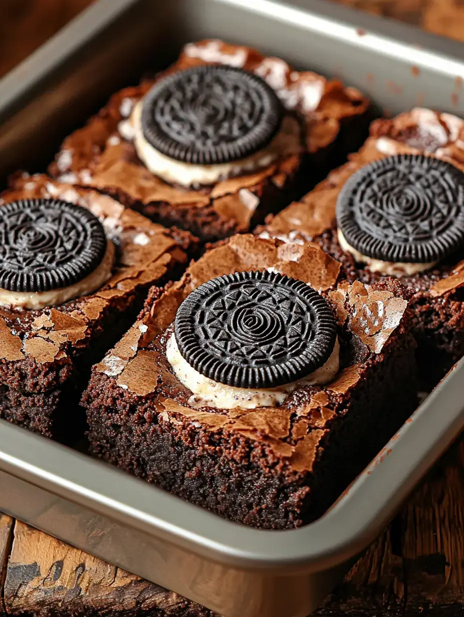 A close-up of warm brownies with Oreo cookies scattered on top sitting in a baking dish.