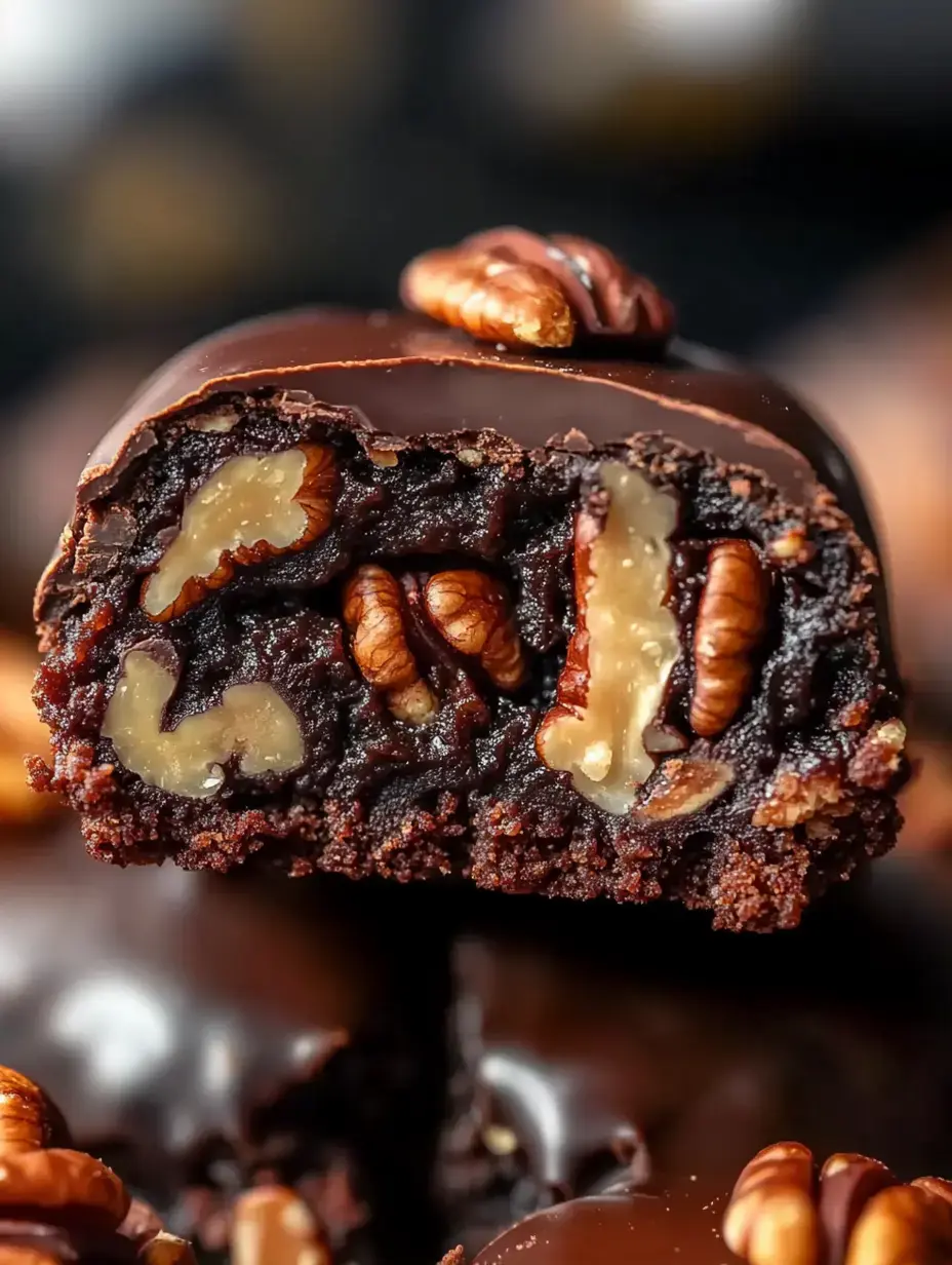 A stunning close view of a chocolate-dipped dessert with a nutty center featuring walnuts and pecans.