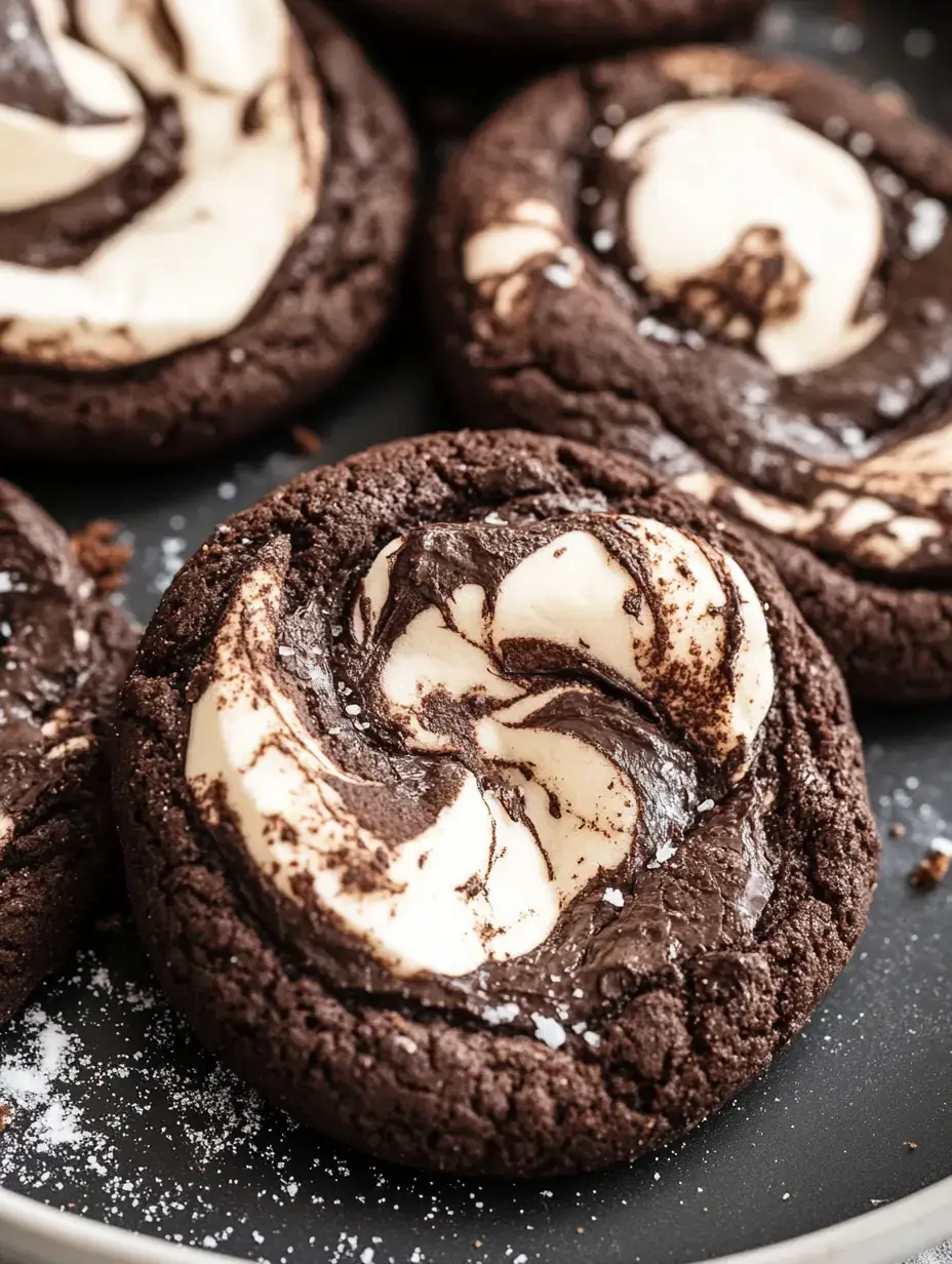 A close-up of chocolate cookies featuring a creamy swirled topping, with a sprinkle of coarse salt on a dark plate.