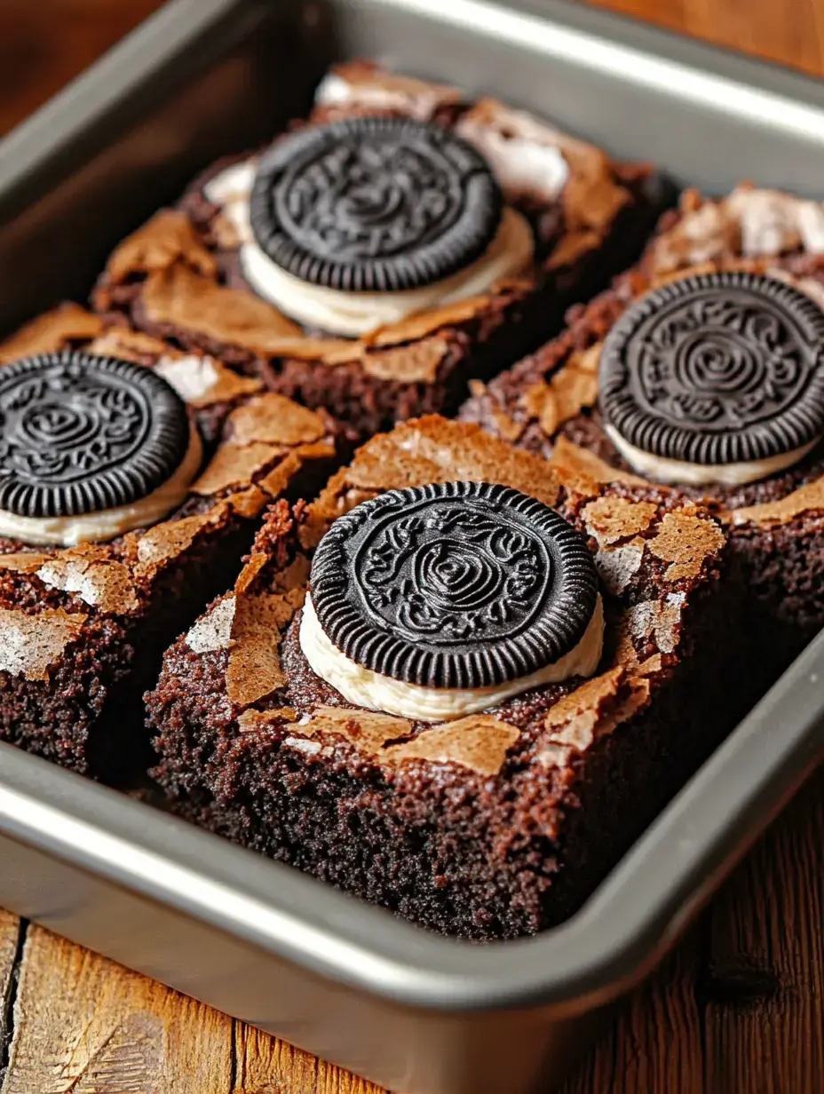 A detailed shot of fudgy brownies topped with creamy filling and an Oreo cookie in a metal pan.