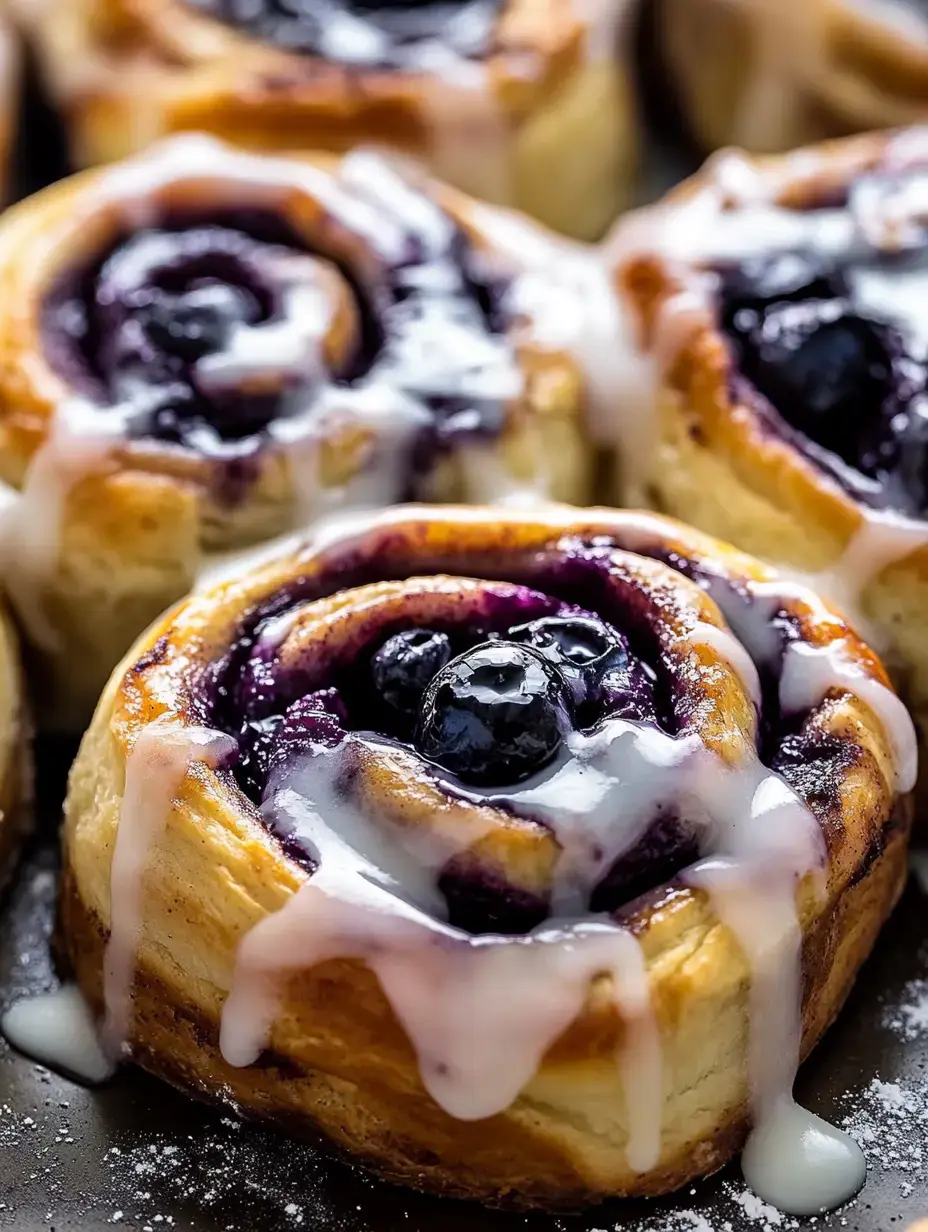 A detailed view of just-baked blueberry cinnamon swirls covered with sweet glaze.