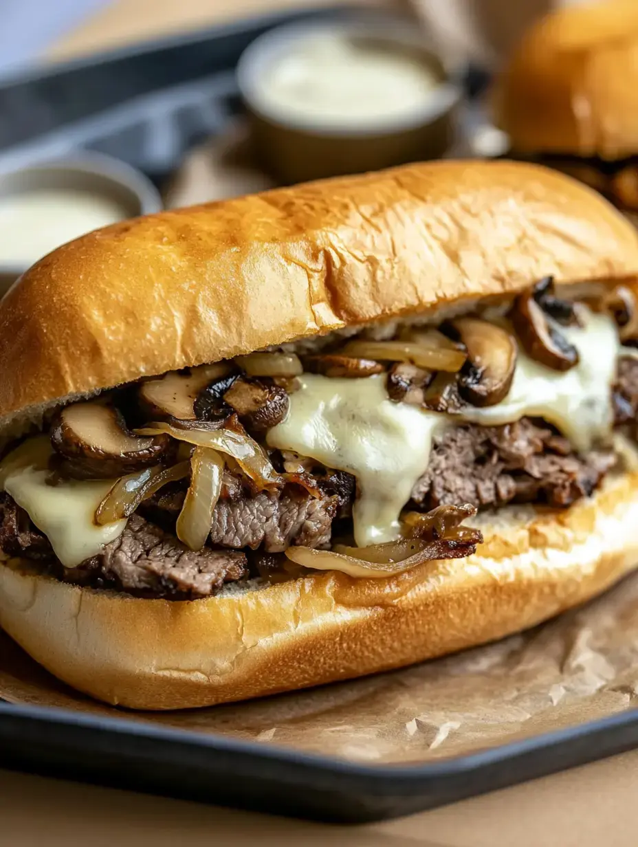 A mouth-watering cheesesteak packed with tender beef, caramelized onions and sautéed mushrooms on a warm roll with dipping sauces nearby.