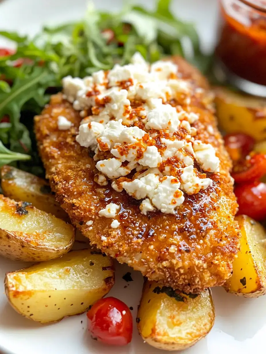 A golden-brown breaded fish fillet topped with crumbled cheese sits on a plate alongside roasted potatoes, cherry tomatoes, and mixed greens.