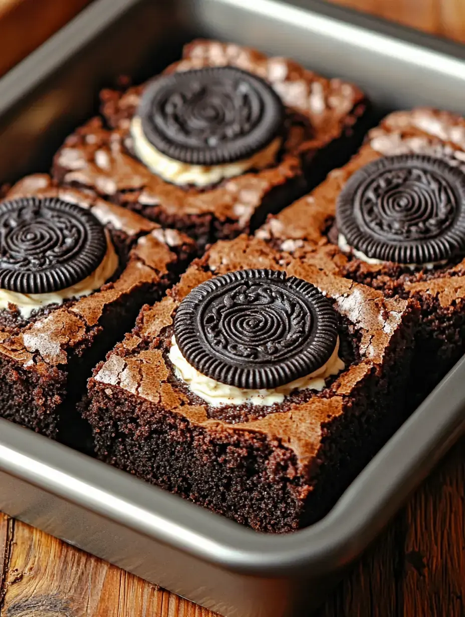 A top-down view of freshly baked brownies decorated with whole Oreo cookies on a baking sheet.