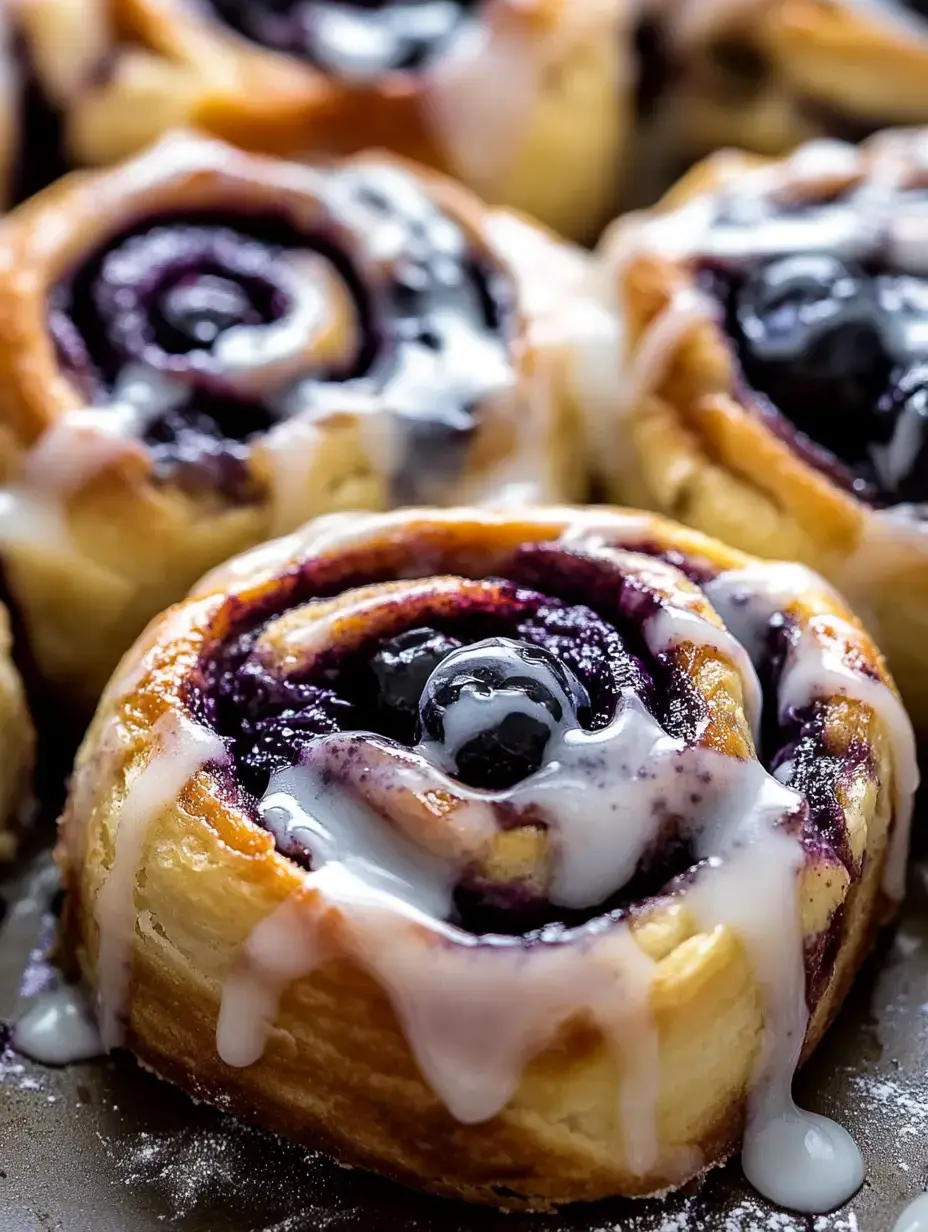 A tight shot of warm blueberry cinnamon buns with sweet icing drizzled on top.