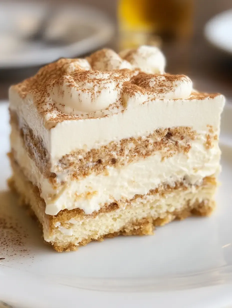 A slice of tiramisu cake with layered mascarpone and coffee-soaked biscuits, topped with cocoa powder and whipped cream.