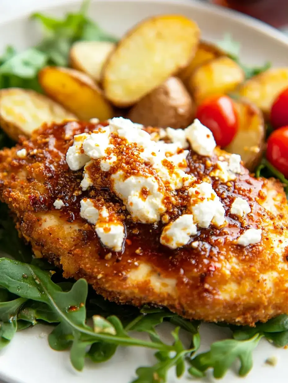 A plated dish featuring breaded chicken topped with crumbled cheese and sauce, accompanied by roasted potatoes and cherry tomatoes on a bed of arugula.
