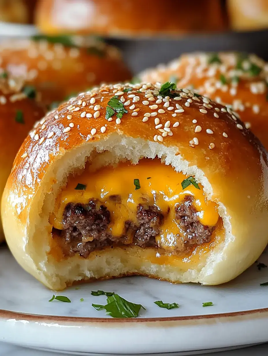 A detailed view of a halved bun topped with sesame seeds showing melty cheese and flavorful ground beef inside.