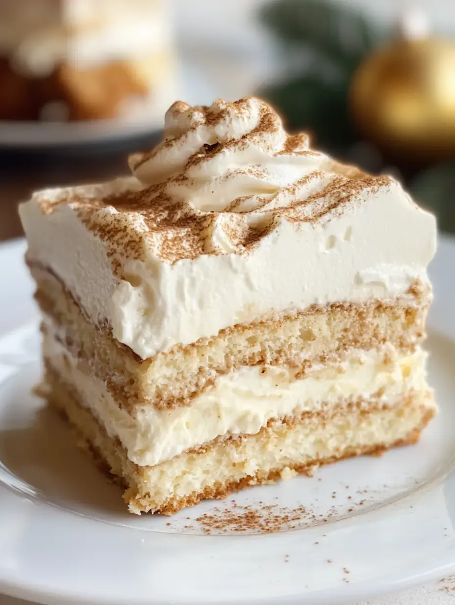 A slice of layered cream cake is garnished with whipped cream and a sprinkle of cocoa powder, served on a white plate.