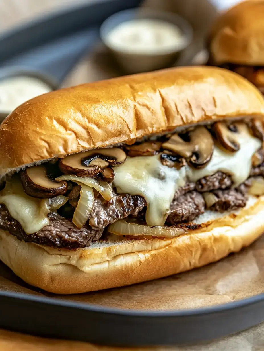 A tempting cheesesteak bursting with juicy beef, golden mushrooms and sweet onions on a fresh bun, with small sauce cups visible in the background.