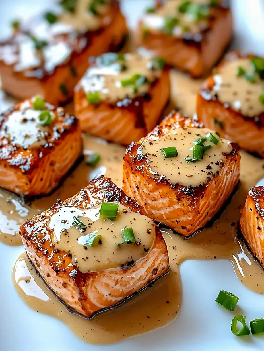 A dish of golden salmon pieces covered with creamy sauce and sprinkled with freshly chopped green onions.