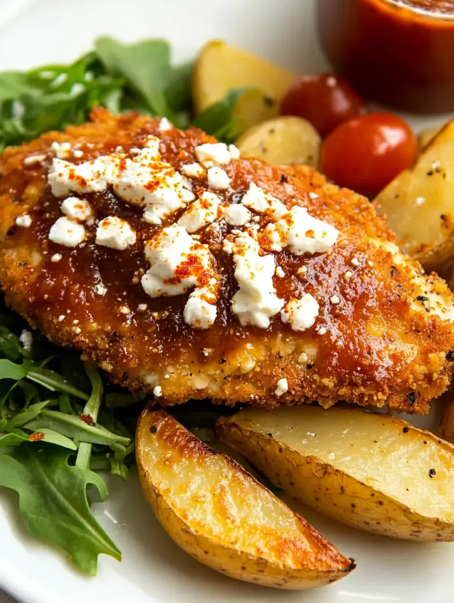 A crispy piece of breaded chicken topped with a spicy sauce and crumbled cheese, served alongside roasted potato wedges and cherry tomatoes on a bed of arugula.
