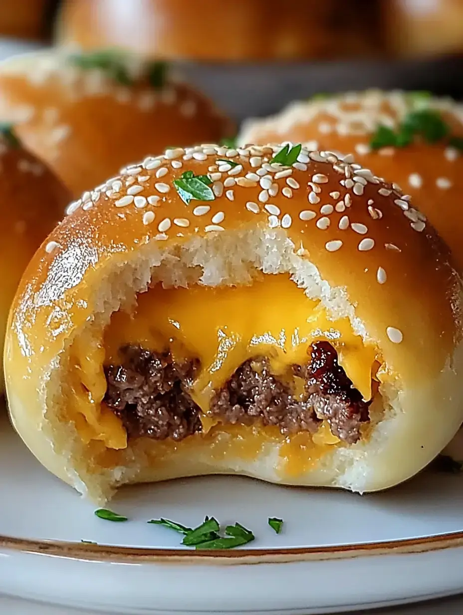 A freshly baked bun with sesame seeds cut open, showing stringy melted cheddar and savory beef filling inside.