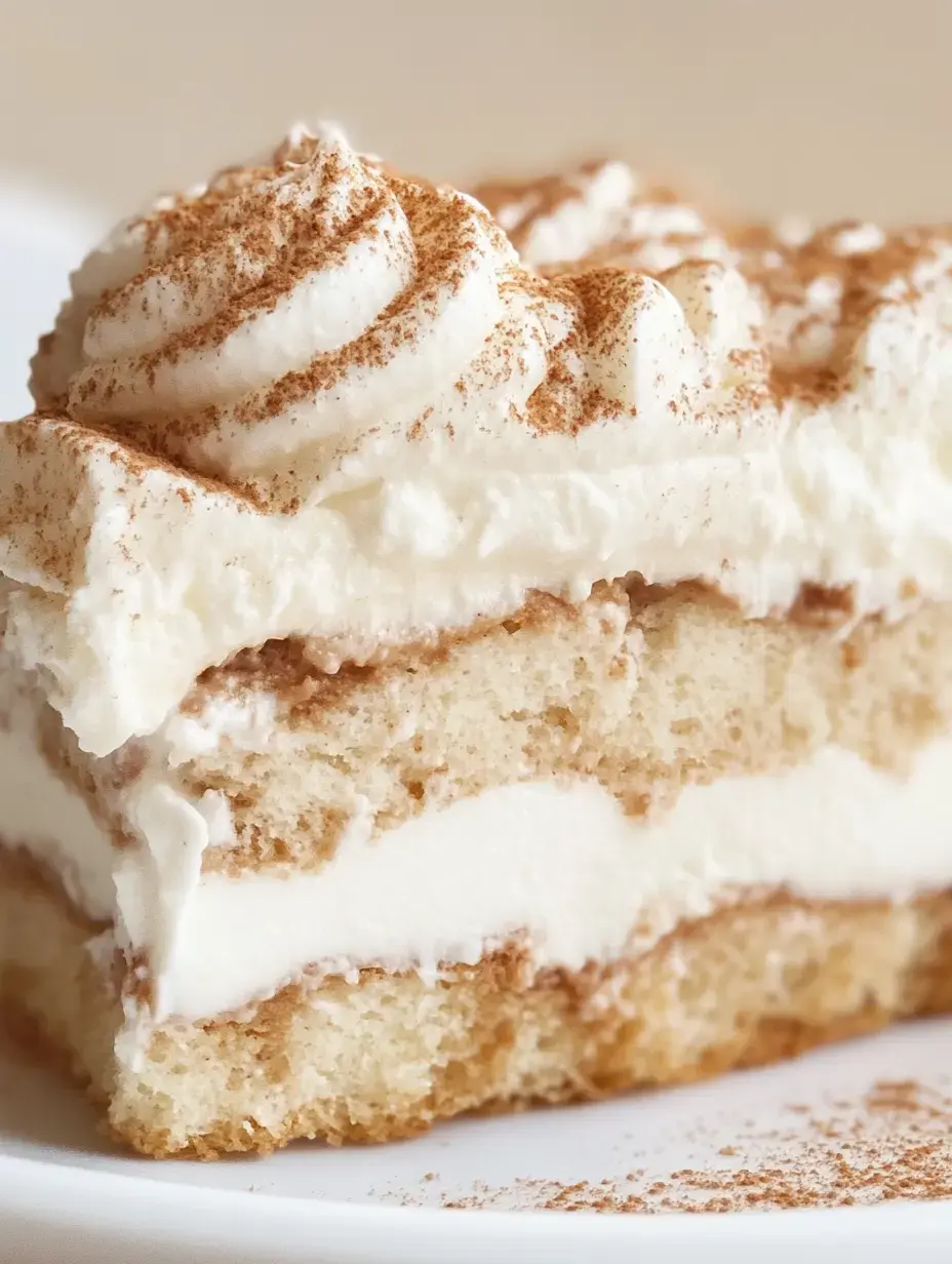 A close-up of a slice of layered cake topped with whipped cream and dusted with cocoa powder.