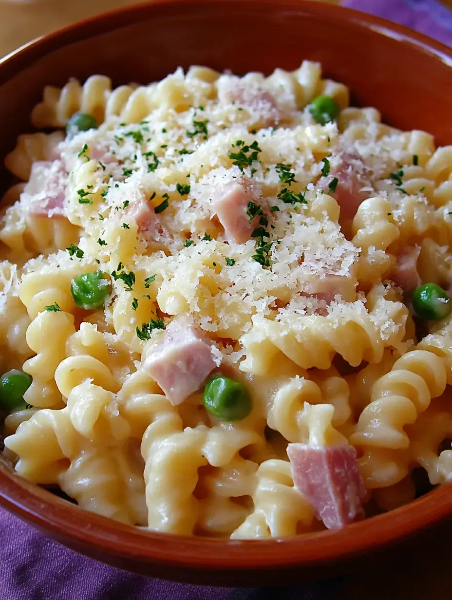 A bowl of creamy pasta with ham, green peas, and grated cheese, garnished with parsley.