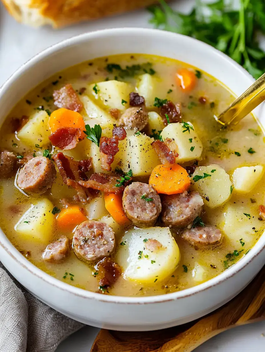 A bowl of hearty soup with sausage, potatoes, carrots, and bacon, garnished with herbs.