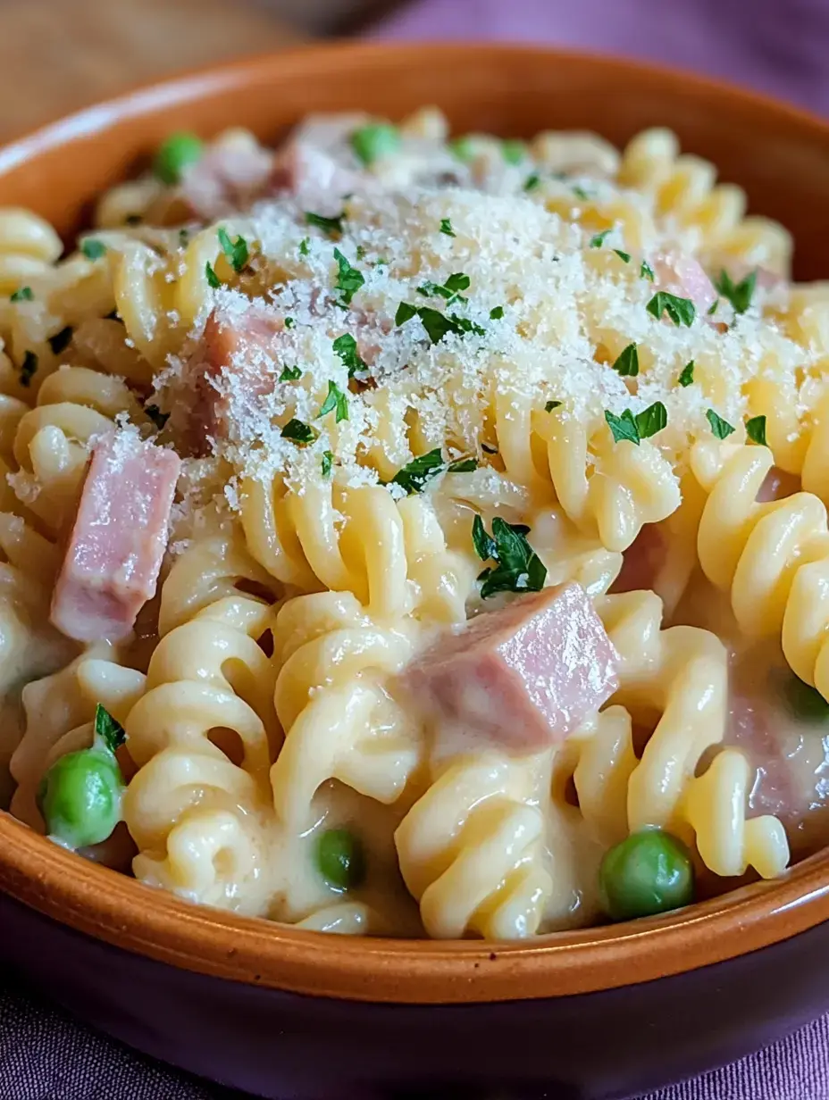 A close-up of a bowl of creamy rotini pasta with ham, green peas, and garnished with sprinkled cheese and parsley.