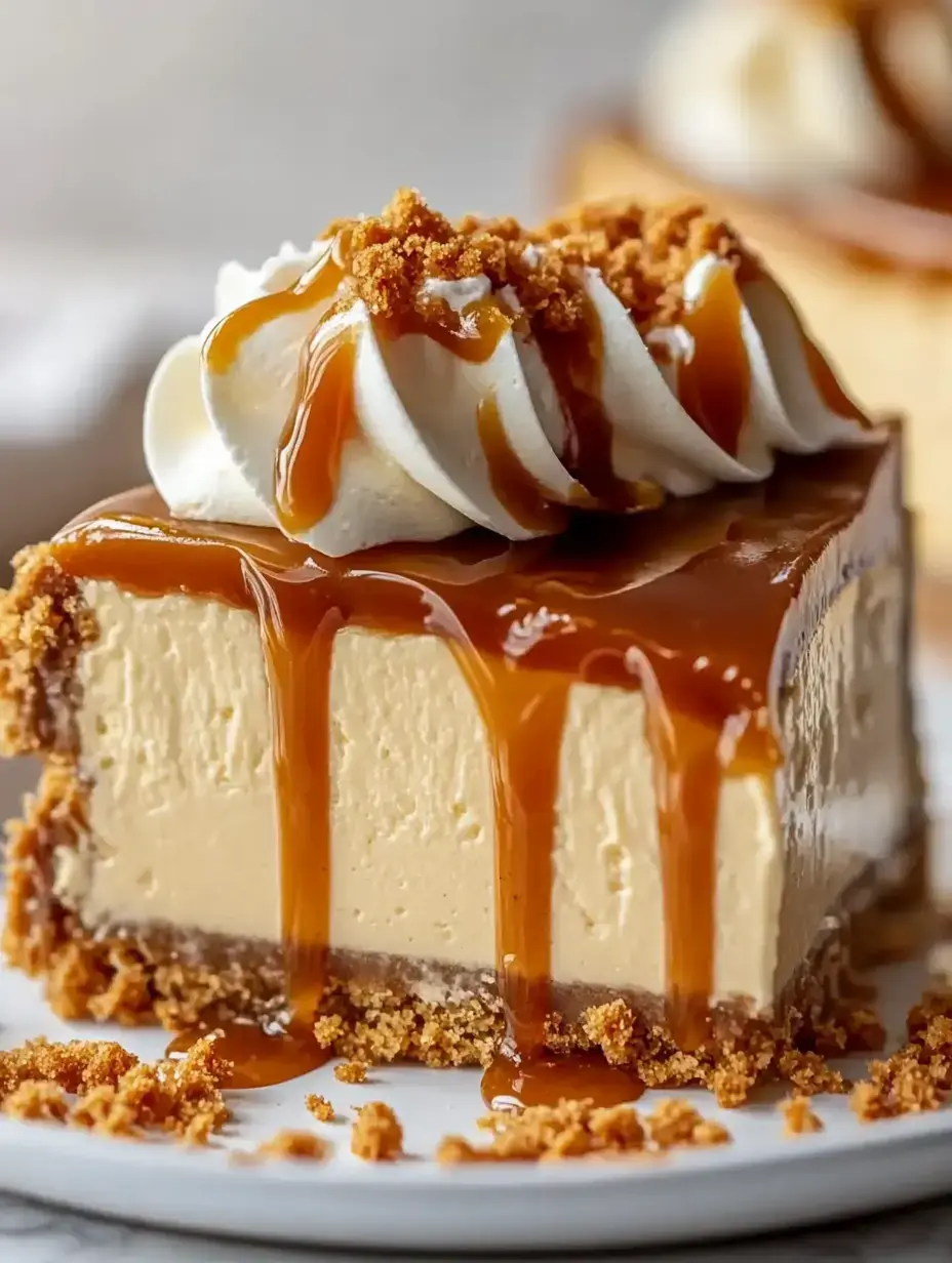 A slice of caramel cheesecake topped with whipped cream and drizzled with caramel sauce, resting on a plate with crumbs scattered around.
