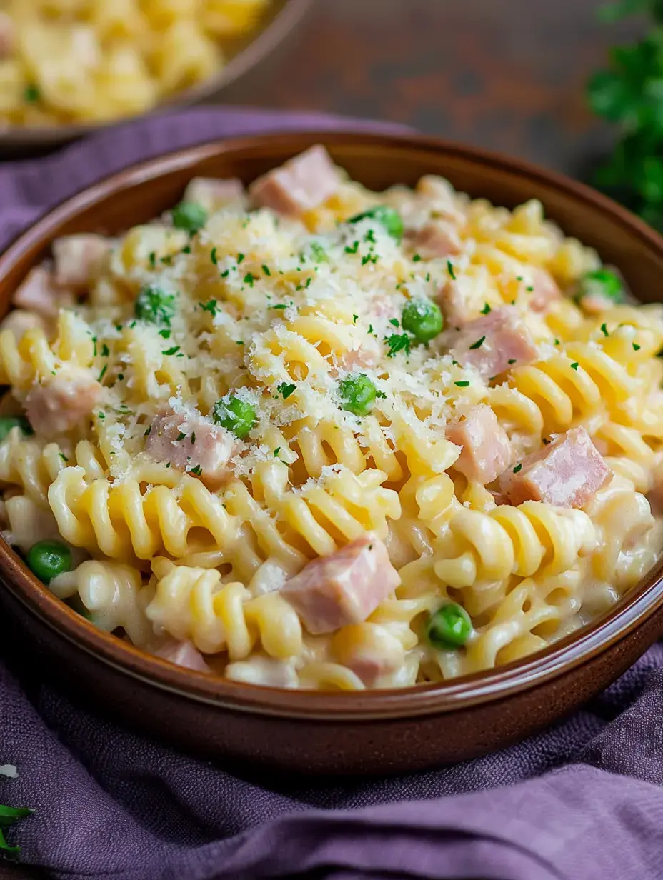 A bowl of creamy pasta with ham, peas, and grated cheese, surrounded by a purple cloth.